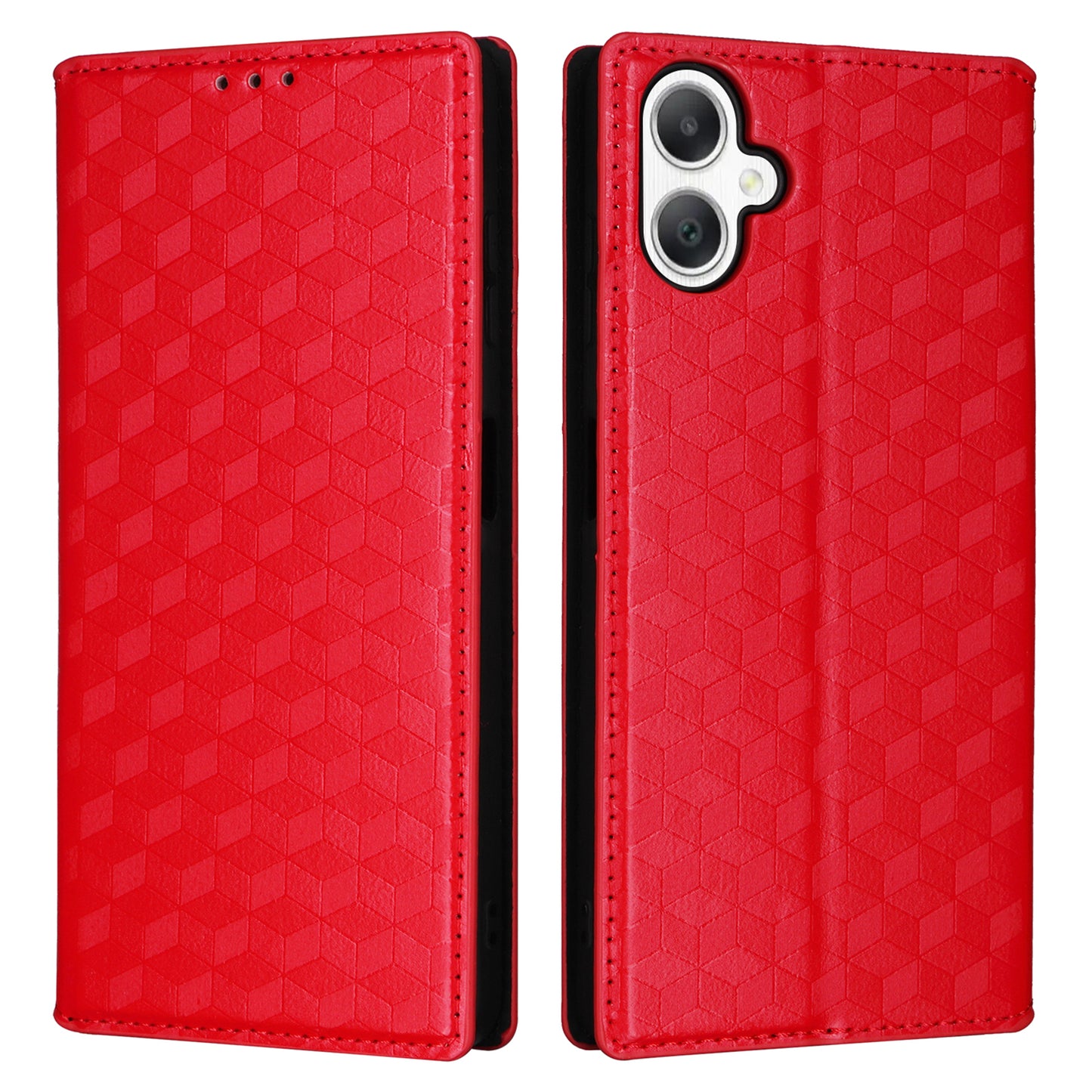 For Samsung Galaxy A06 Wallet Case Rhombus Imprinted Leather Phone Cover - Red
