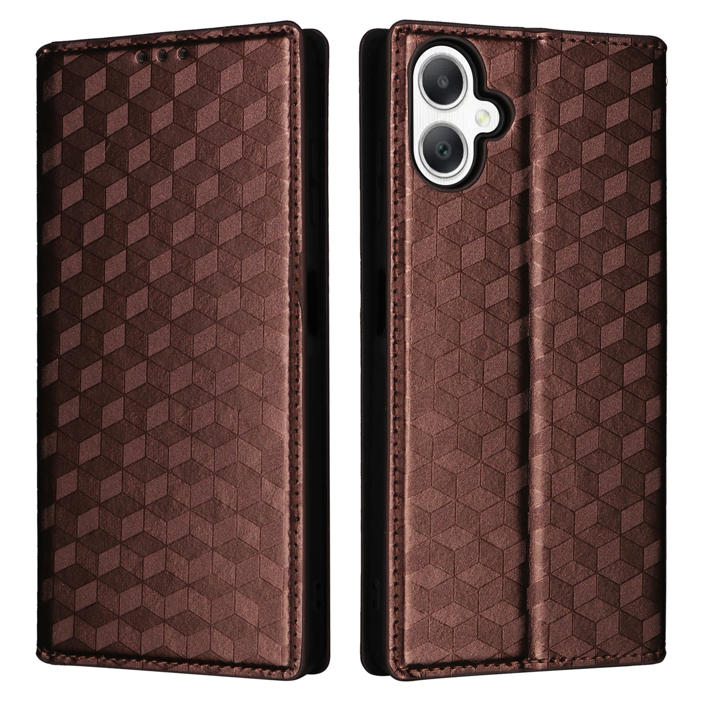 For Samsung Galaxy A06 Wallet Case Rhombus Imprinted Leather Phone Cover - Brown