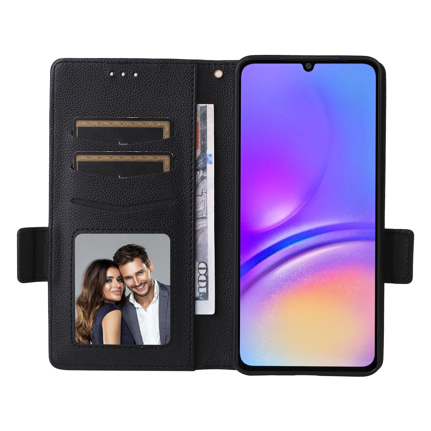 For Samsung Galaxy A06 Case Litchi Texture PU Leather Wallet Flip Phone Cover - Black