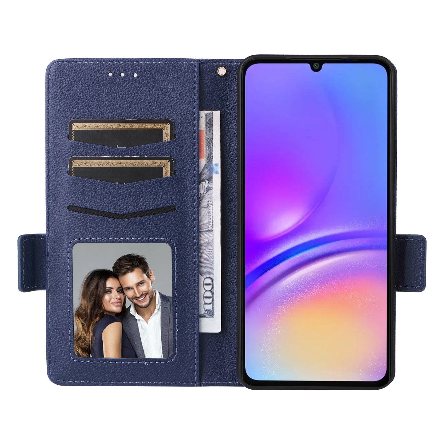 For Samsung Galaxy A06 Case Litchi Texture PU Leather Wallet Flip Phone Cover - Dark Blue