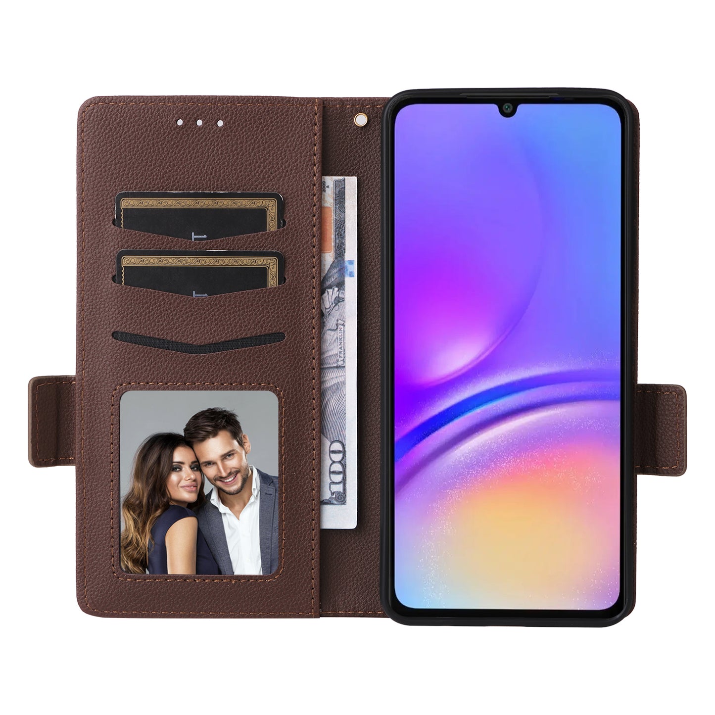 For Samsung Galaxy A06 Case Litchi Texture PU Leather Wallet Flip Phone Cover - Brown