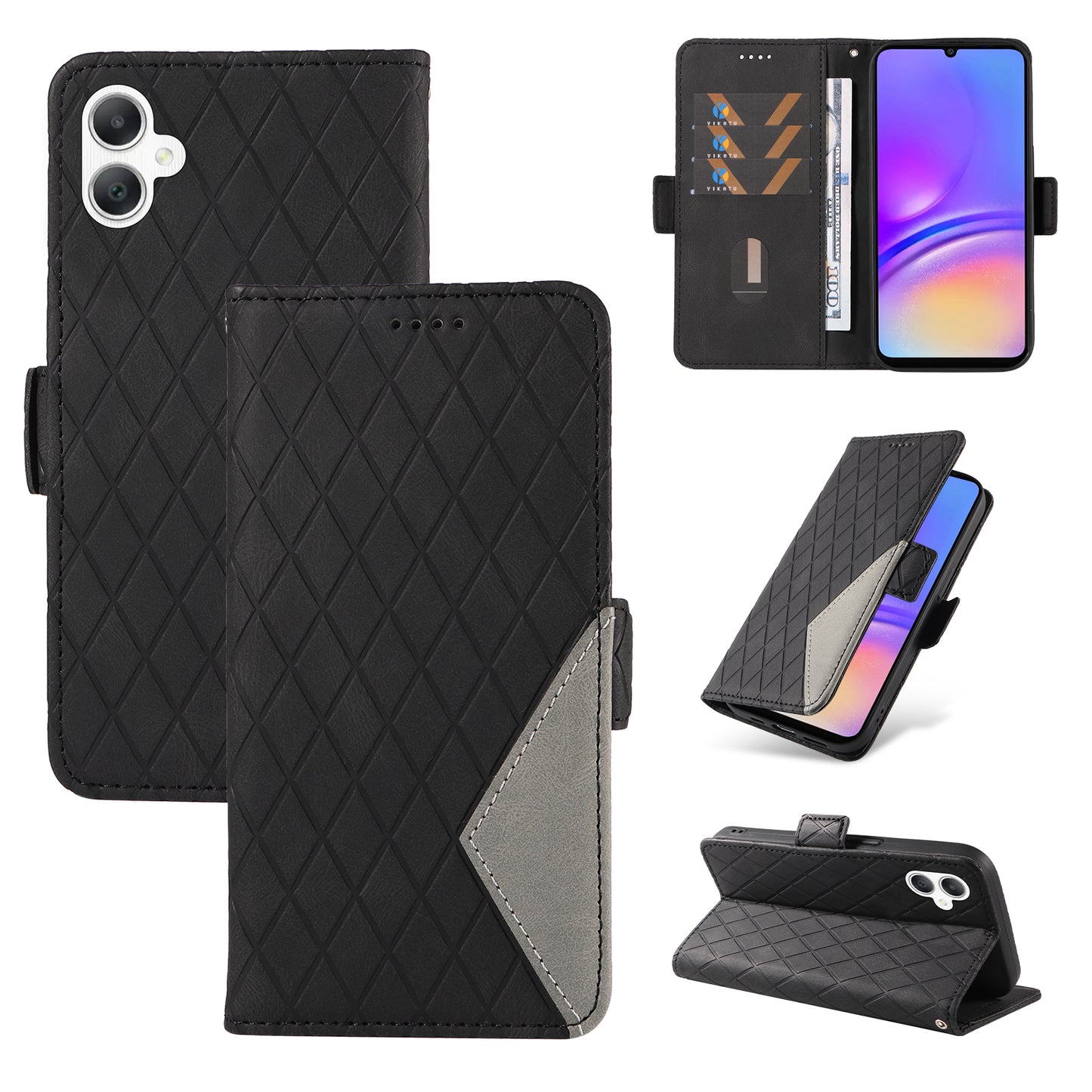 For Samsung Galaxy A06 Case Rhombus PU Leather Flip Phone Cover - Black