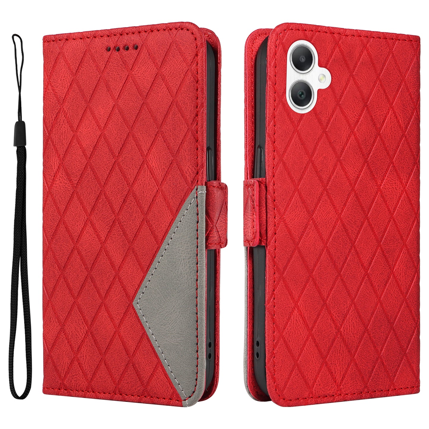 For Samsung Galaxy A06 Case Rhombus PU Leather Flip Phone Cover - Red