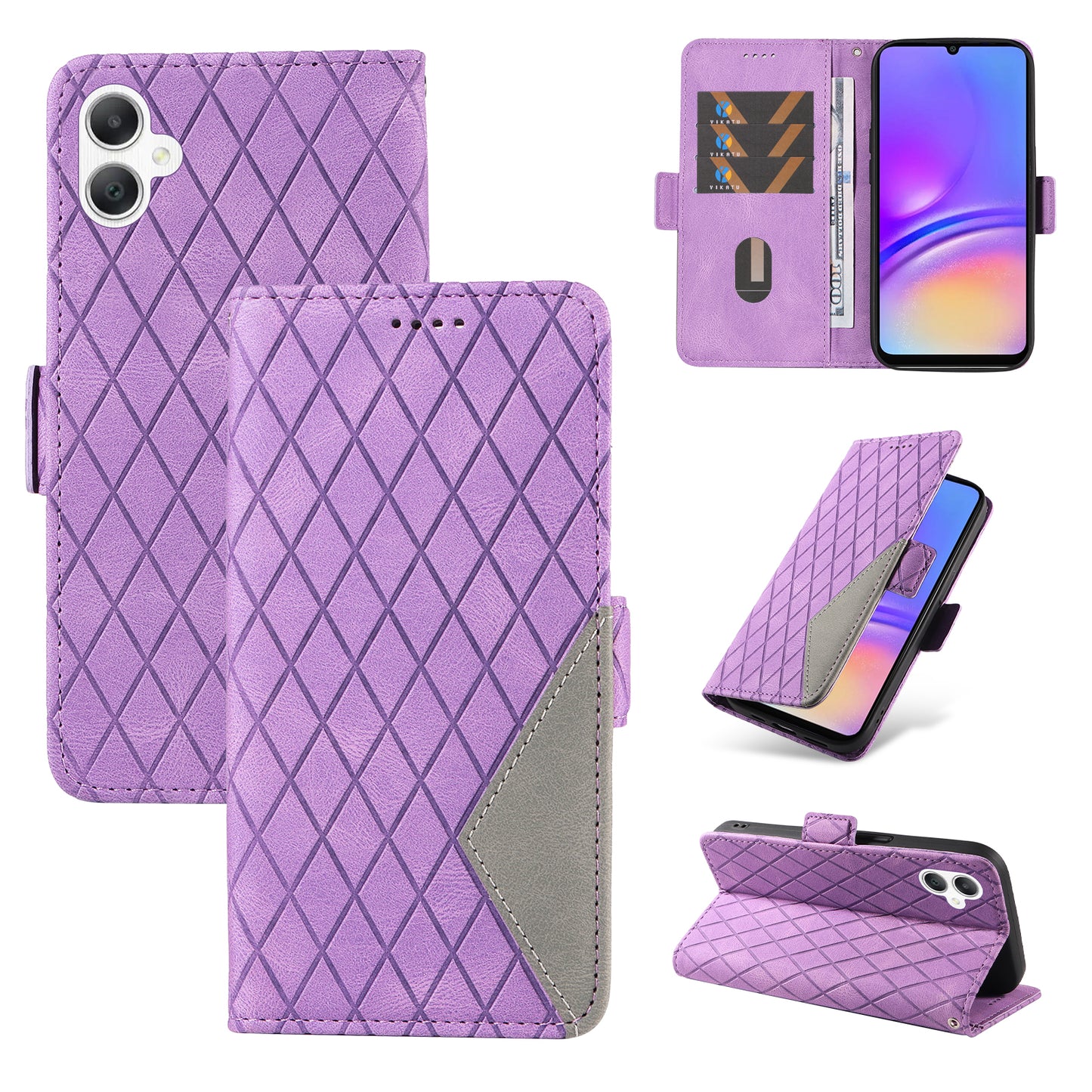 For Samsung Galaxy A06 Case Rhombus PU Leather Flip Phone Cover - Light Purple