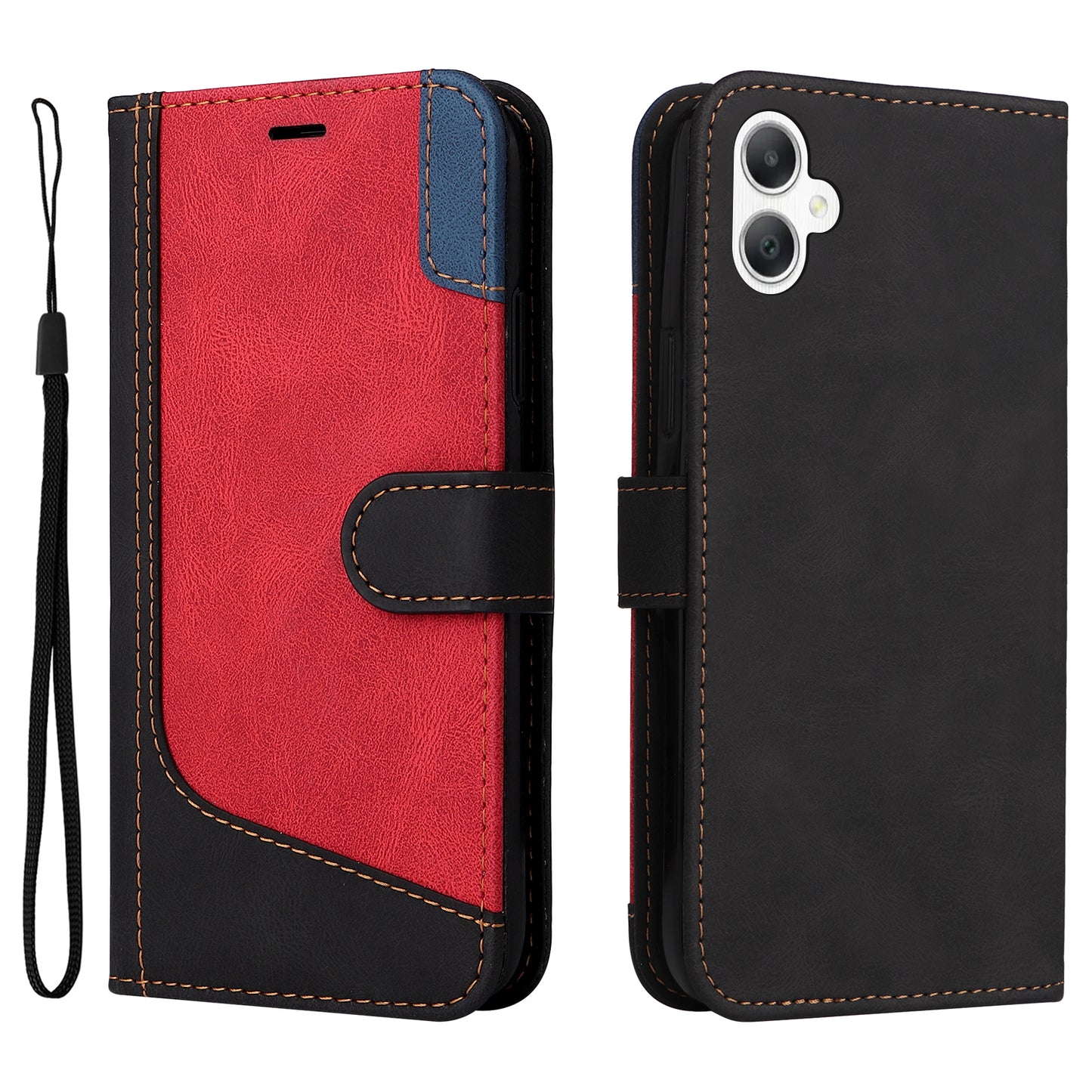 For Samsung Galaxy A06 Case Flip Wallet Leather Phone Cover 3 Color Splicing - Black