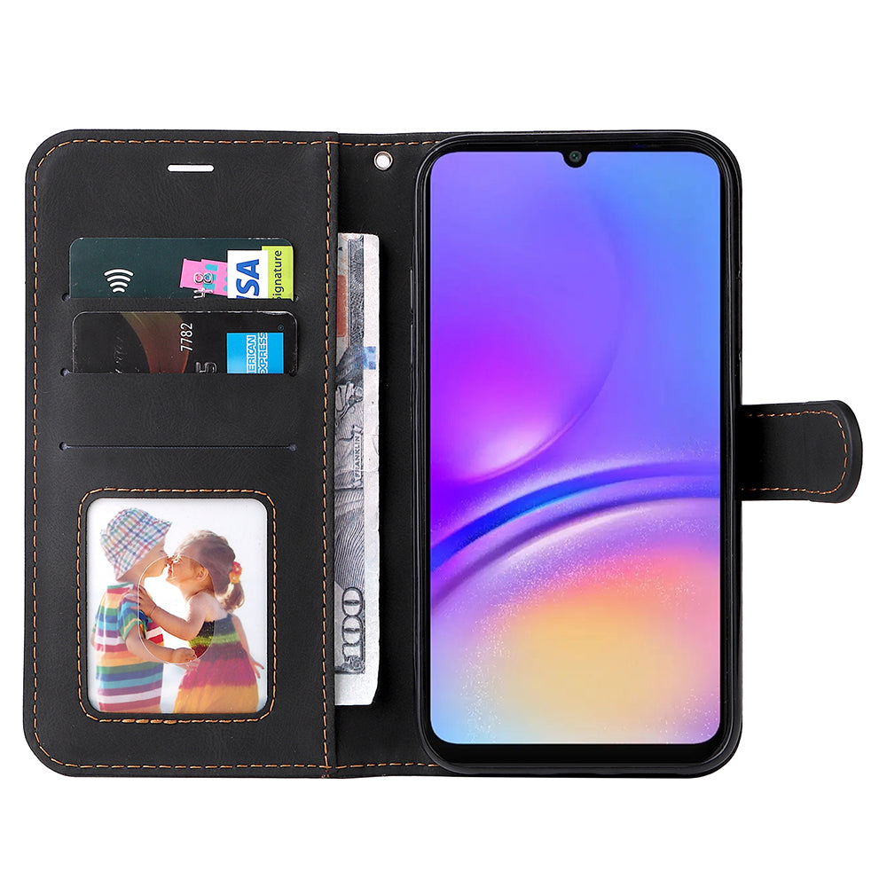 For Samsung Galaxy A06 Case Flip Wallet Leather Phone Cover 3 Color Splicing - Black