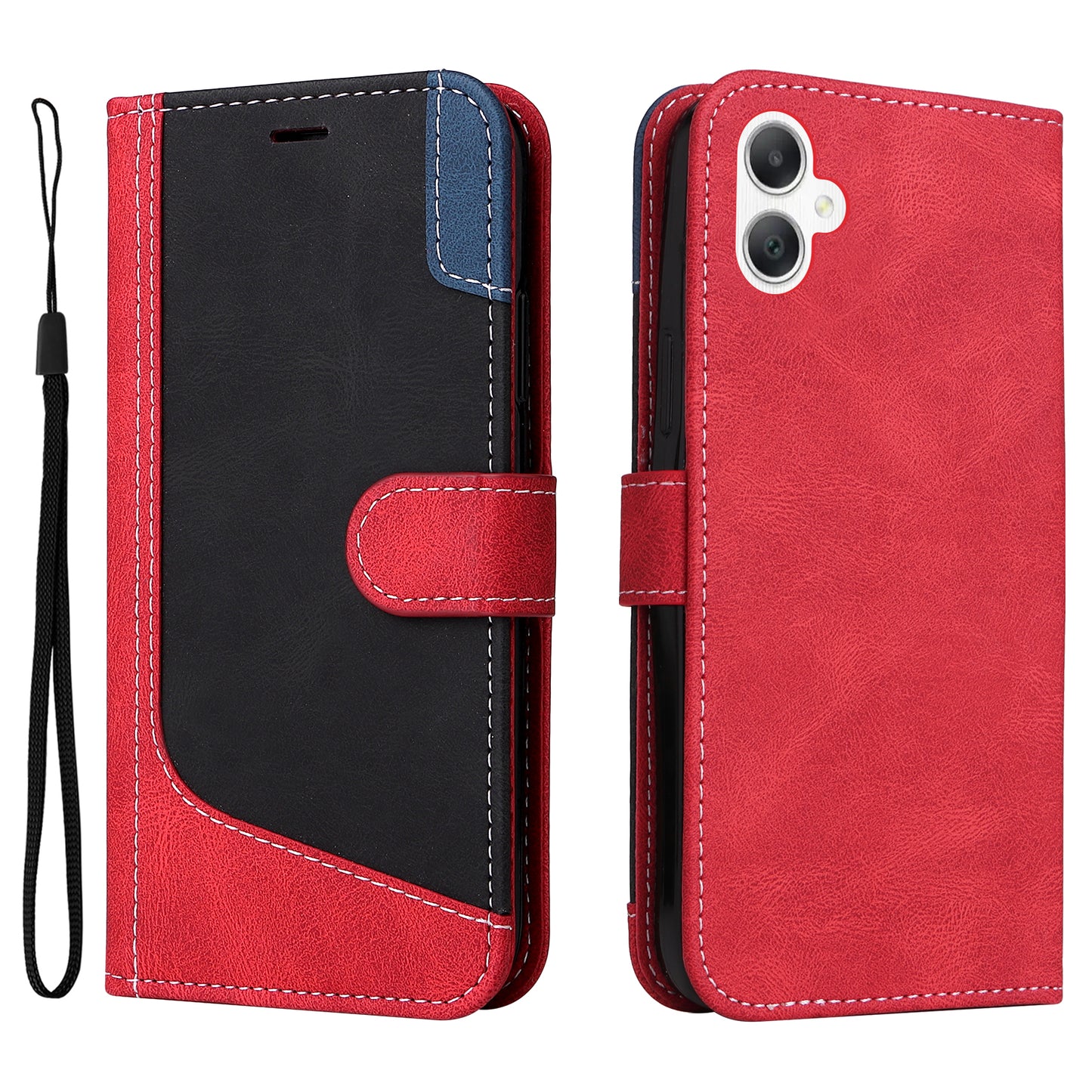 For Samsung Galaxy A06 Case Flip Wallet Leather Phone Cover 3 Color Splicing - Red