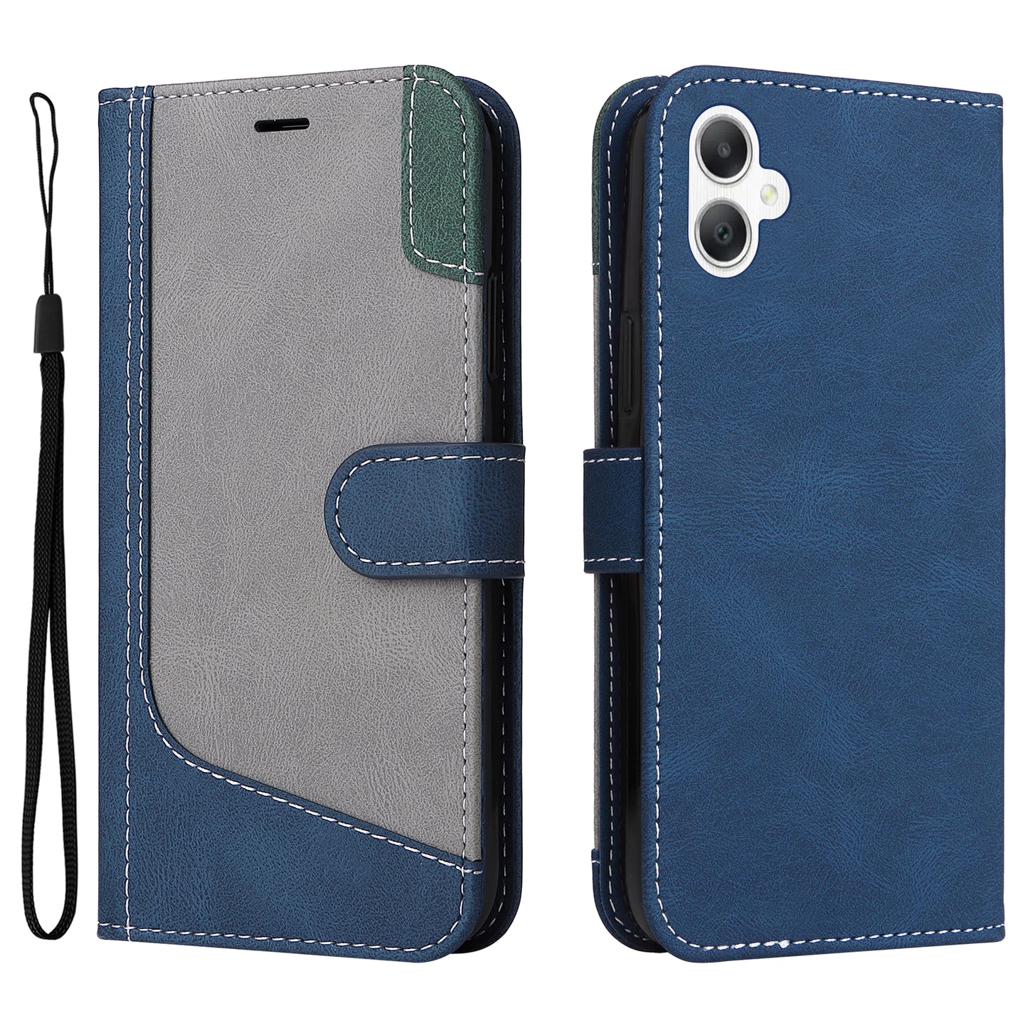 For Samsung Galaxy A06 Case Flip Wallet Leather Phone Cover 3 Color Splicing - Blue