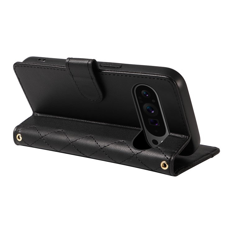 For Google Pixel 9 Pro XL Case Wallet Rhombus Leather Phone Cover with Shoulder Strap, Wrist Strap - Black