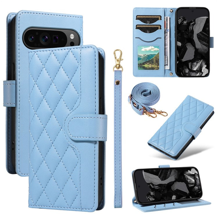 For Google Pixel 9 Pro XL Case Wallet Rhombus Leather Phone Cover with Shoulder Strap, Wrist Strap - Blue