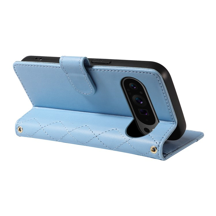 For Google Pixel 9 Pro XL Case Wallet Rhombus Leather Phone Cover with Shoulder Strap, Wrist Strap - Blue