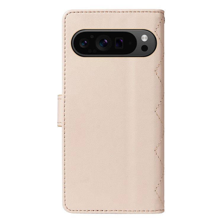 For Google Pixel 9 Pro XL Case Wallet Rhombus Leather Phone Cover with Shoulder Strap, Wrist Strap - Apricot