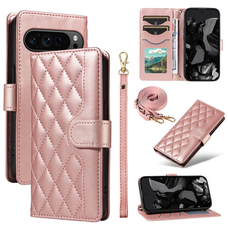 For Google Pixel 9 Pro XL Case Wallet Rhombus Leather Phone Cover with Shoulder Strap, Wrist Strap - Rose Gold