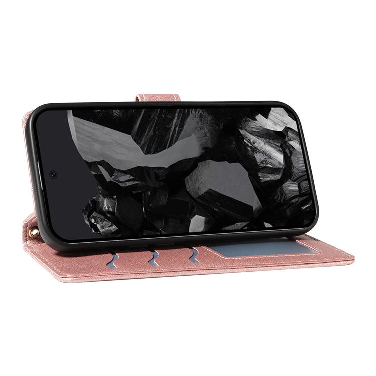 For Google Pixel 9 Pro XL Case Wallet Rhombus Leather Phone Cover with Shoulder Strap, Wrist Strap - Rose Gold