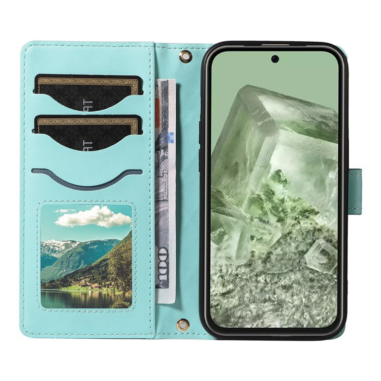 For Google Pixel 8 Case Wallet Rhombus Leather Phone Cover with Shoulder Strap, Wrist Strap - Green