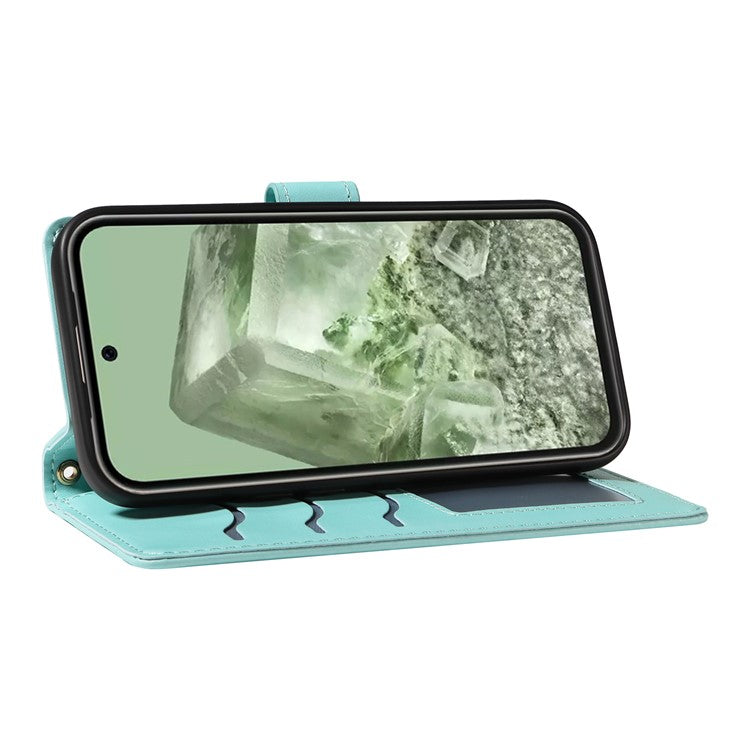 For Google Pixel 8 Case Wallet Rhombus Leather Phone Cover with Shoulder Strap, Wrist Strap - Green