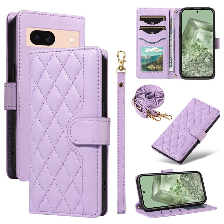For Google Pixel 8 Case Wallet Rhombus Leather Phone Cover with Shoulder Strap, Wrist Strap - Light Purple