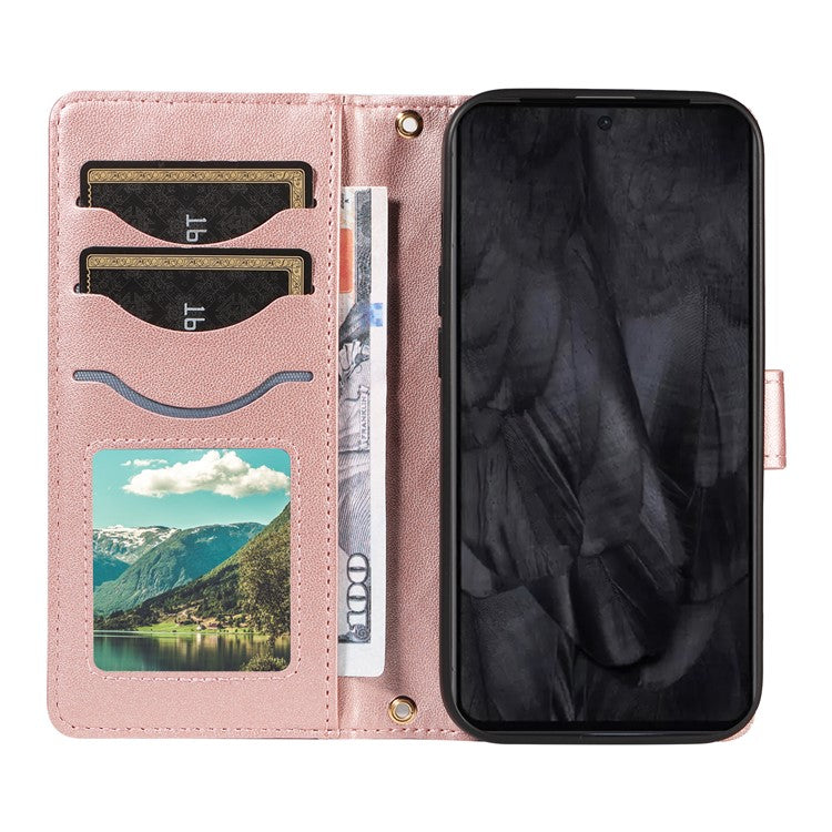 For Google Pixel 8 Pro Case Wallet Rhombus Leather Phone Cover with Shoulder Strap, Wrist Strap - Rose Gold