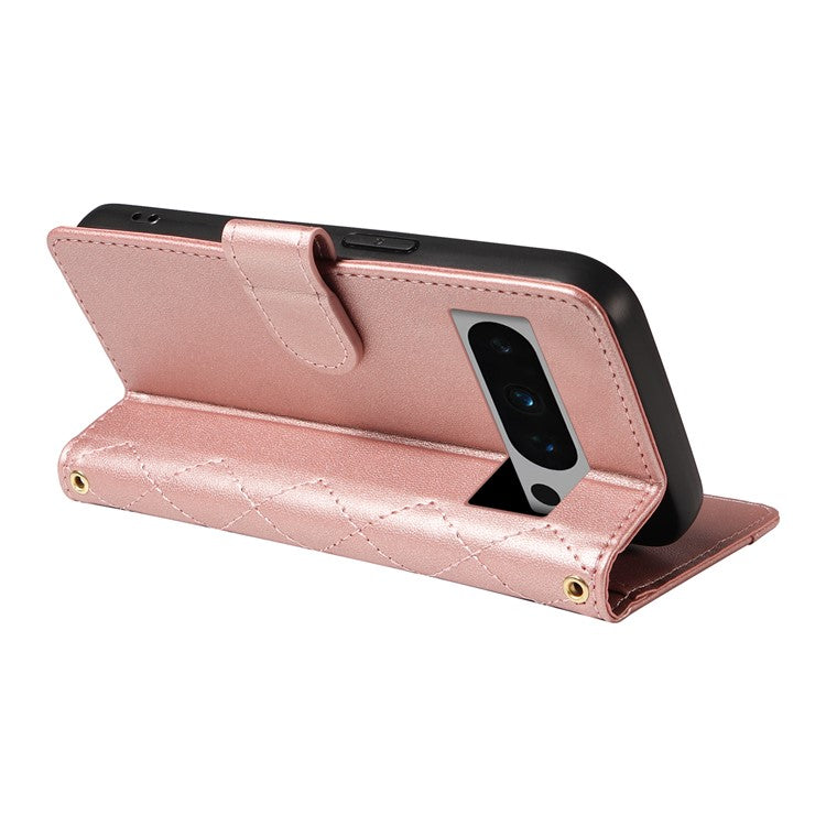 For Google Pixel 8 Pro Case Wallet Rhombus Leather Phone Cover with Shoulder Strap, Wrist Strap - Rose Gold