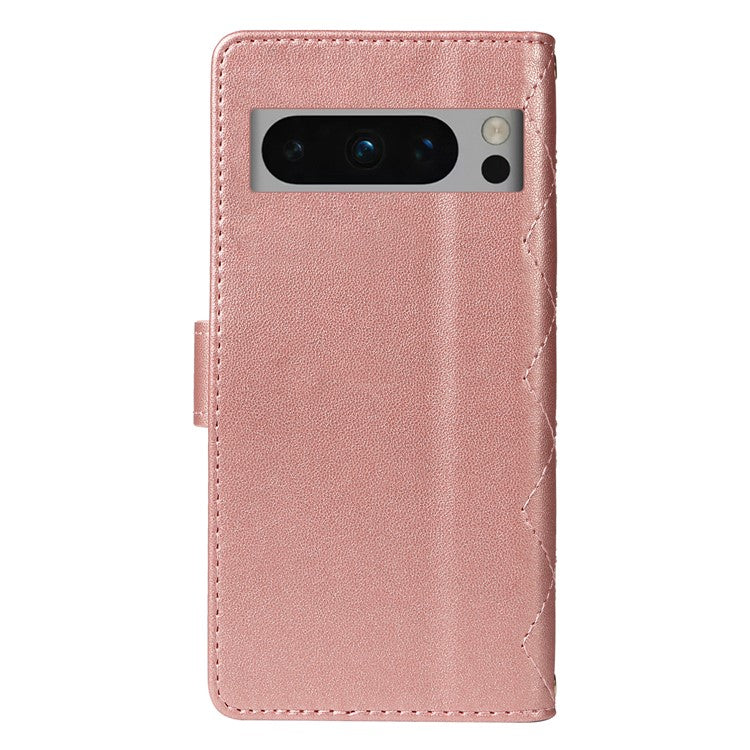 For Google Pixel 8 Pro Case Wallet Rhombus Leather Phone Cover with Shoulder Strap, Wrist Strap - Rose Gold
