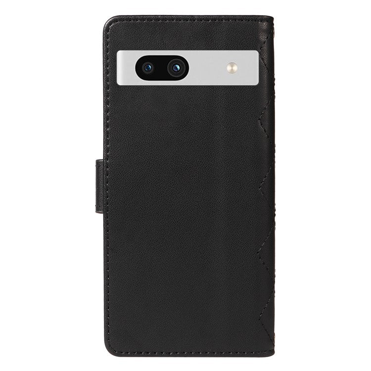 For Google Pixel 7a Case Wallet Rhombus Leather Phone Cover with Shoulder Strap, Wrist Strap - Black