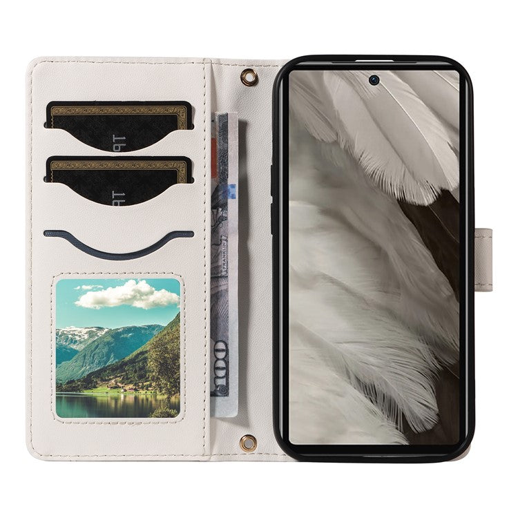 For Google Pixel 7a Case Wallet Rhombus Leather Phone Cover with Shoulder Strap, Wrist Strap - White