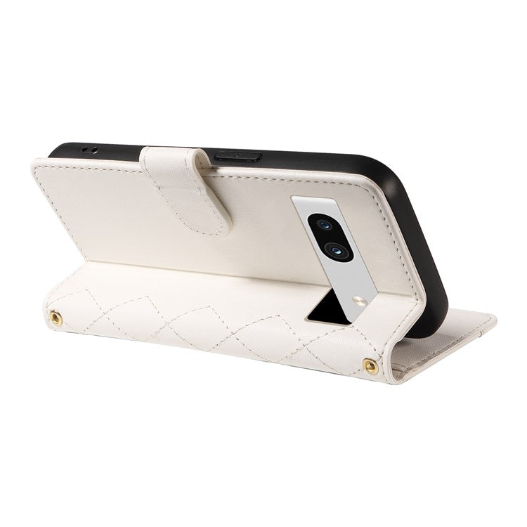 For Google Pixel 7a Case Wallet Rhombus Leather Phone Cover with Shoulder Strap, Wrist Strap - White