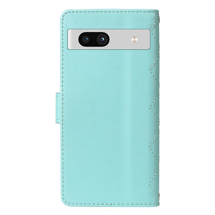 For Google Pixel 7a Case Wallet Rhombus Leather Phone Cover with Shoulder Strap, Wrist Strap - Green
