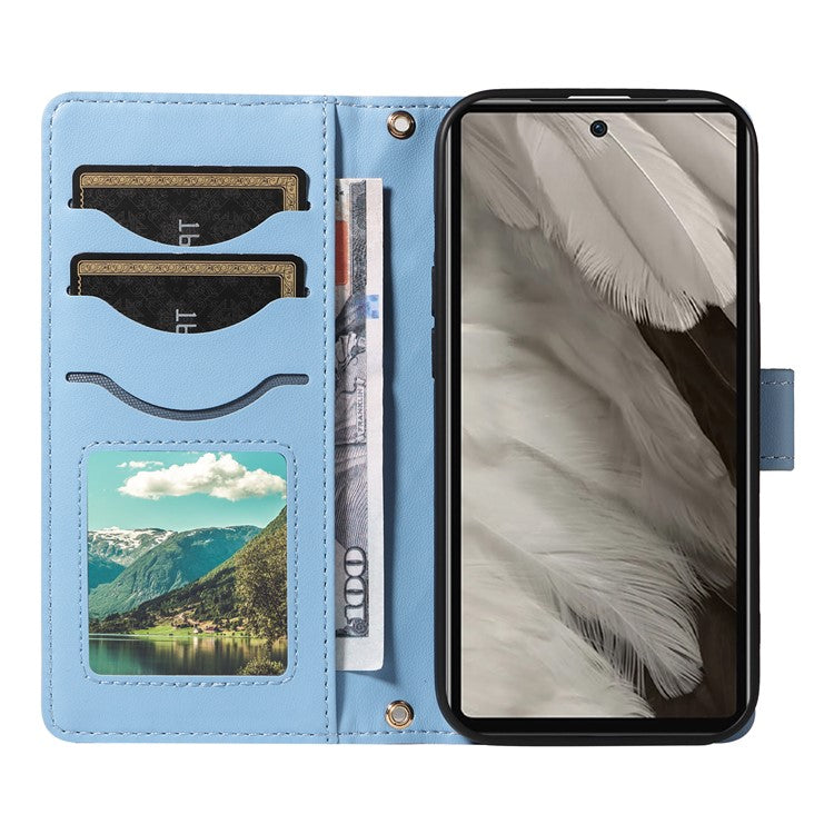 For Google Pixel 7a Case Wallet Rhombus Leather Phone Cover with Shoulder Strap, Wrist Strap - Blue