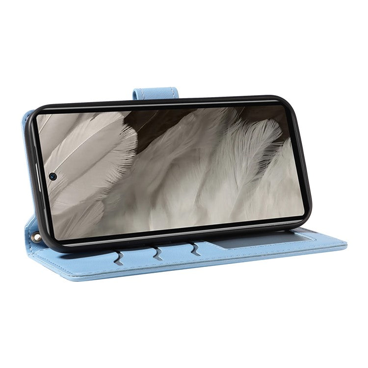 For Google Pixel 7a Case Wallet Rhombus Leather Phone Cover with Shoulder Strap, Wrist Strap - Blue