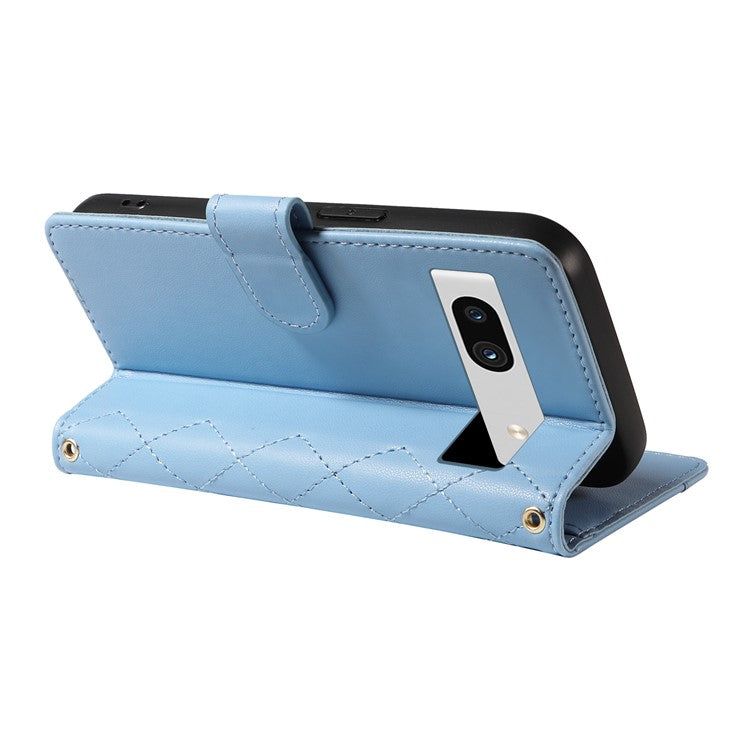 For Google Pixel 7a Case Wallet Rhombus Leather Phone Cover with Shoulder Strap, Wrist Strap - Blue