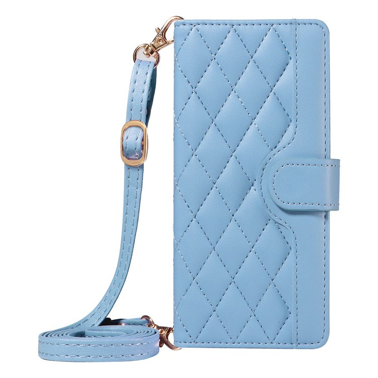 For Google Pixel 7a Case Wallet Rhombus Leather Phone Cover with Shoulder Strap, Wrist Strap - Blue