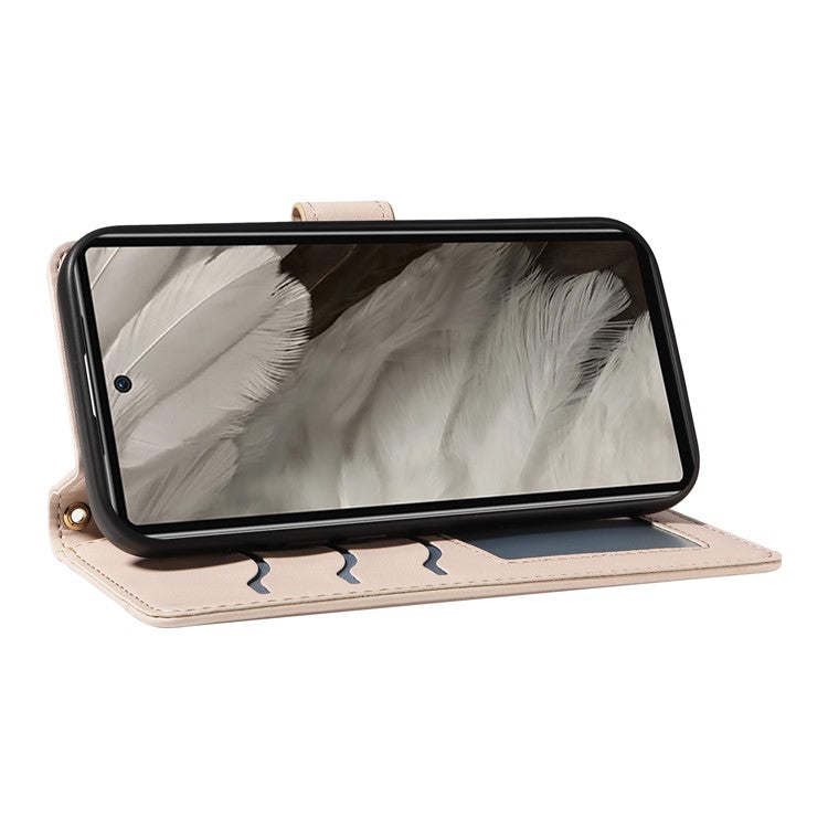 For Google Pixel 7a Case Wallet Rhombus Leather Phone Cover with Shoulder Strap, Wrist Strap - Apricot