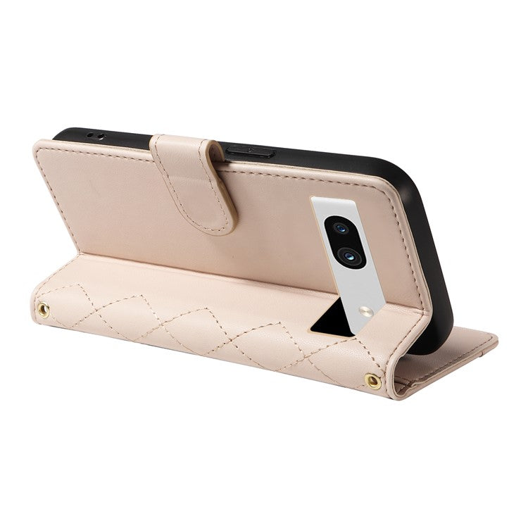 For Google Pixel 7a Case Wallet Rhombus Leather Phone Cover with Shoulder Strap, Wrist Strap - Apricot