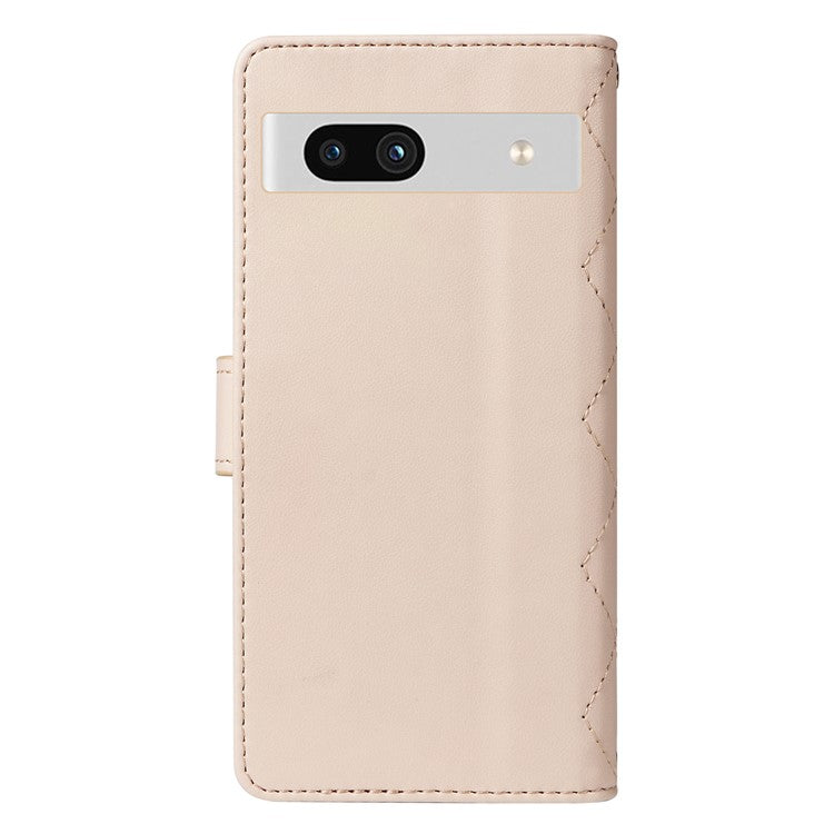For Google Pixel 7a Case Wallet Rhombus Leather Phone Cover with Shoulder Strap, Wrist Strap - Apricot
