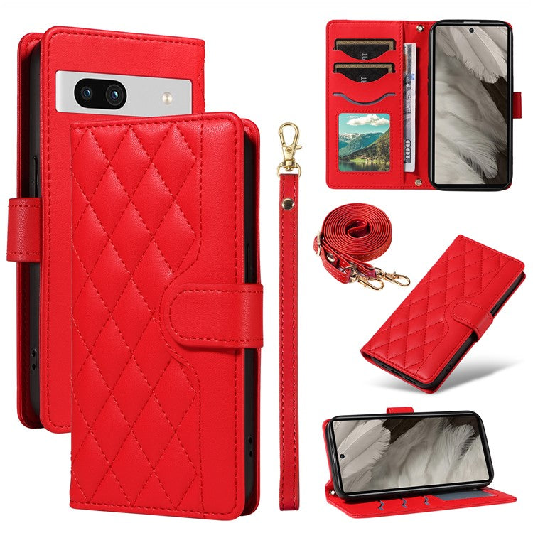 For Google Pixel 7a Case Wallet Rhombus Leather Phone Cover with Shoulder Strap, Wrist Strap - Red
