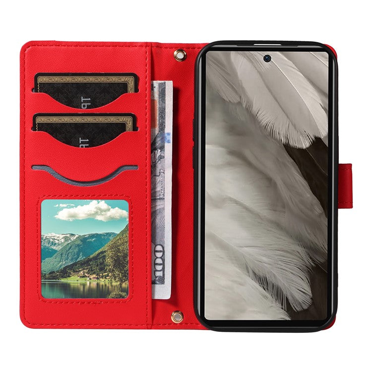 For Google Pixel 7a Case Wallet Rhombus Leather Phone Cover with Shoulder Strap, Wrist Strap - Red