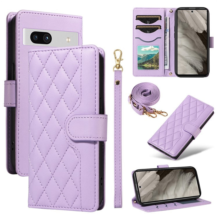 For Google Pixel 7a Case Wallet Rhombus Leather Phone Cover with Shoulder Strap, Wrist Strap - Light Purple