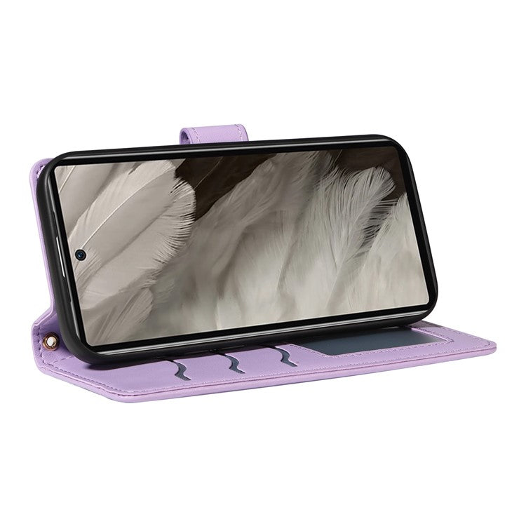 For Google Pixel 7a Case Wallet Rhombus Leather Phone Cover with Shoulder Strap, Wrist Strap - Light Purple