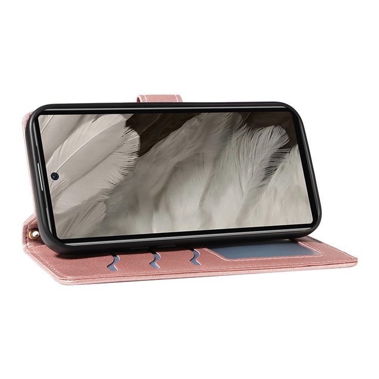 For Google Pixel 7a Case Wallet Rhombus Leather Phone Cover with Shoulder Strap, Wrist Strap - Rose Gold