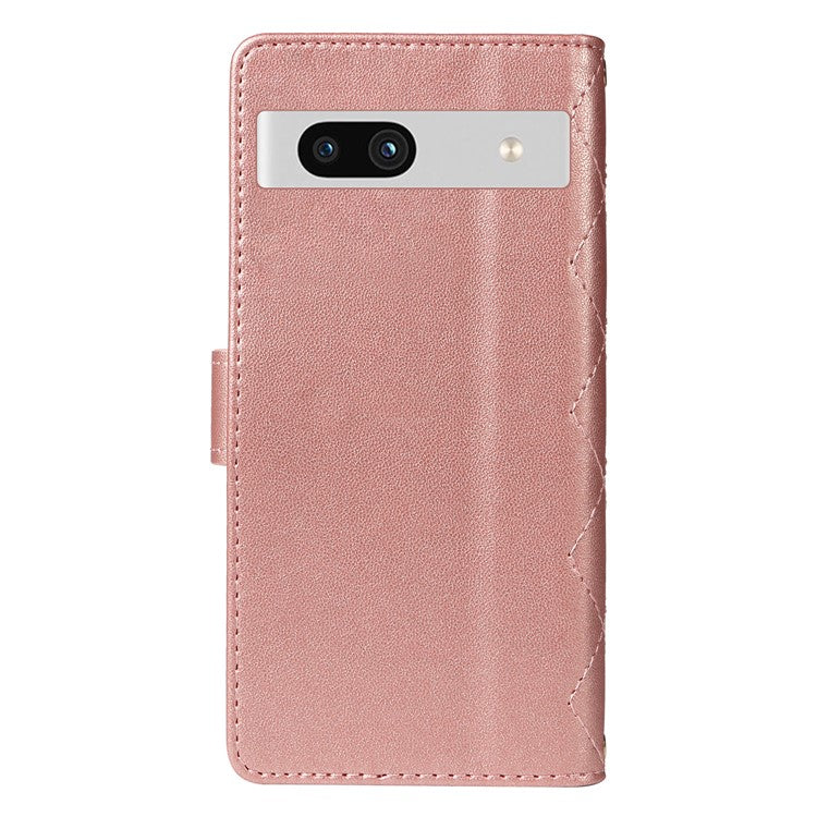 For Google Pixel 7a Case Wallet Rhombus Leather Phone Cover with Shoulder Strap, Wrist Strap - Rose Gold