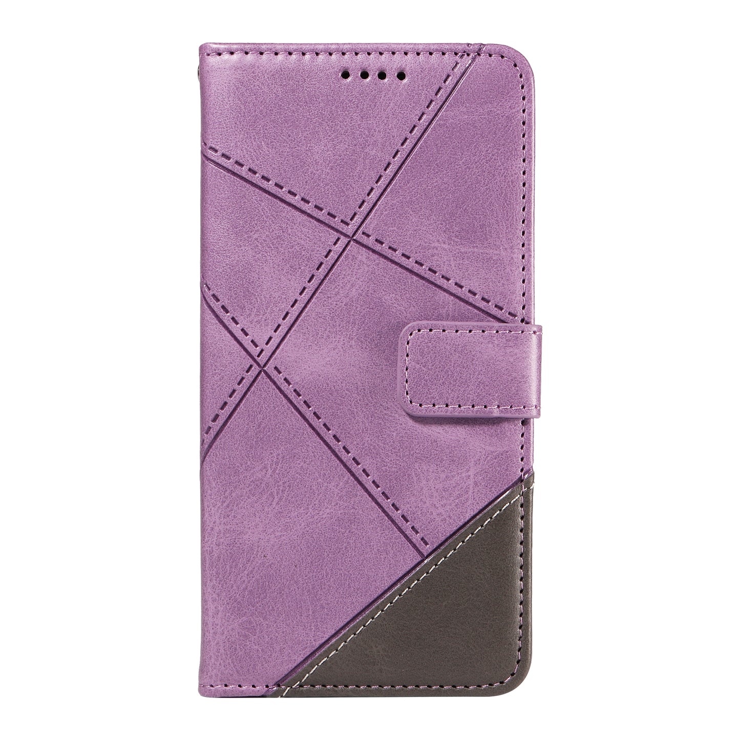 For Samsung Galaxy A06 Case Leather Geometric Line Wallet Phone Cover with Wrist Strap - Purple