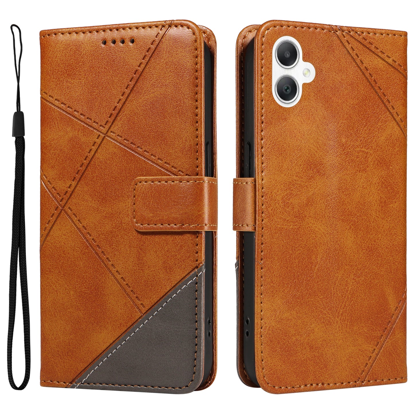 For Samsung Galaxy A06 Case Leather Geometric Line Wallet Phone Cover with Wrist Strap - Brown