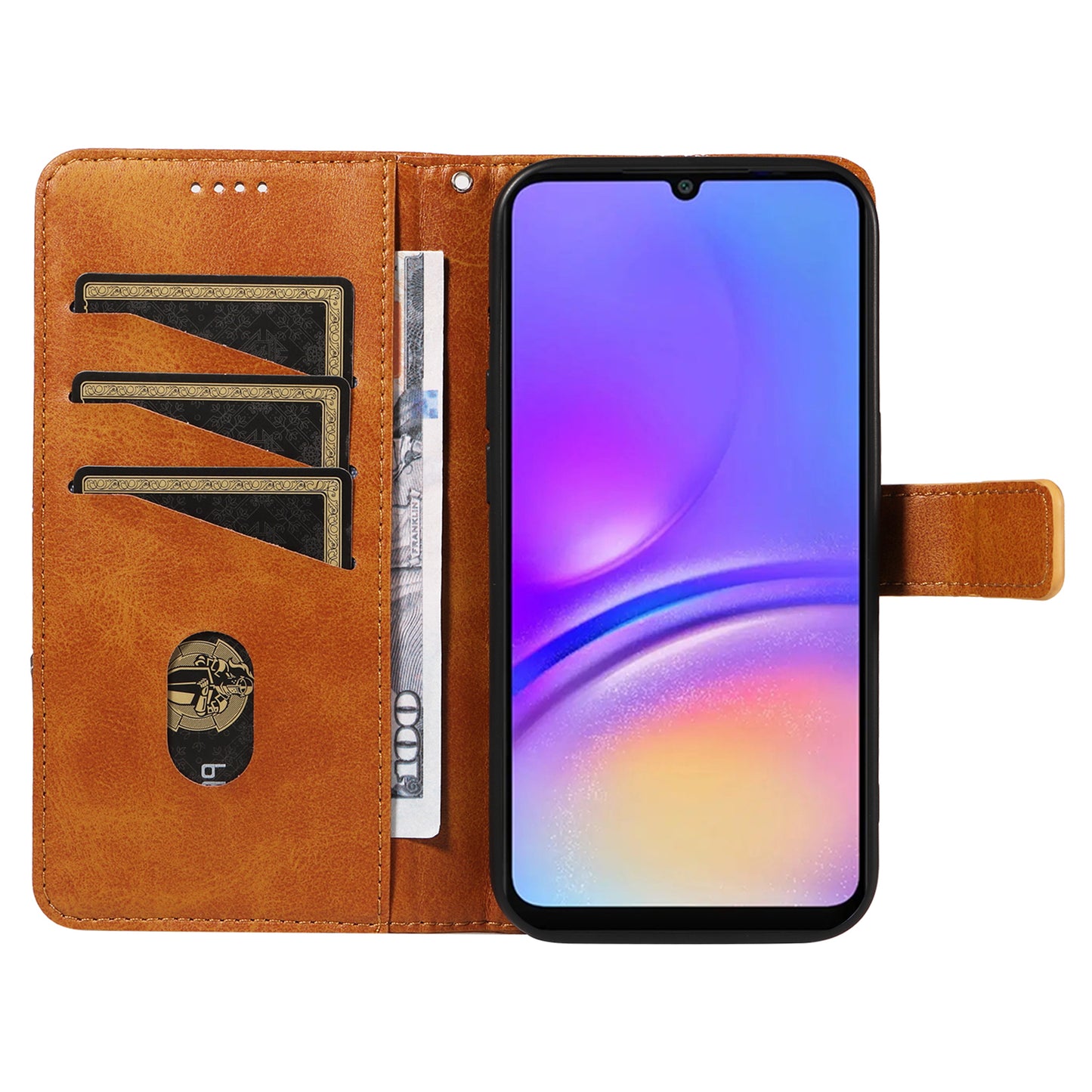 For Samsung Galaxy A06 Case Leather Geometric Line Wallet Phone Cover with Wrist Strap - Brown