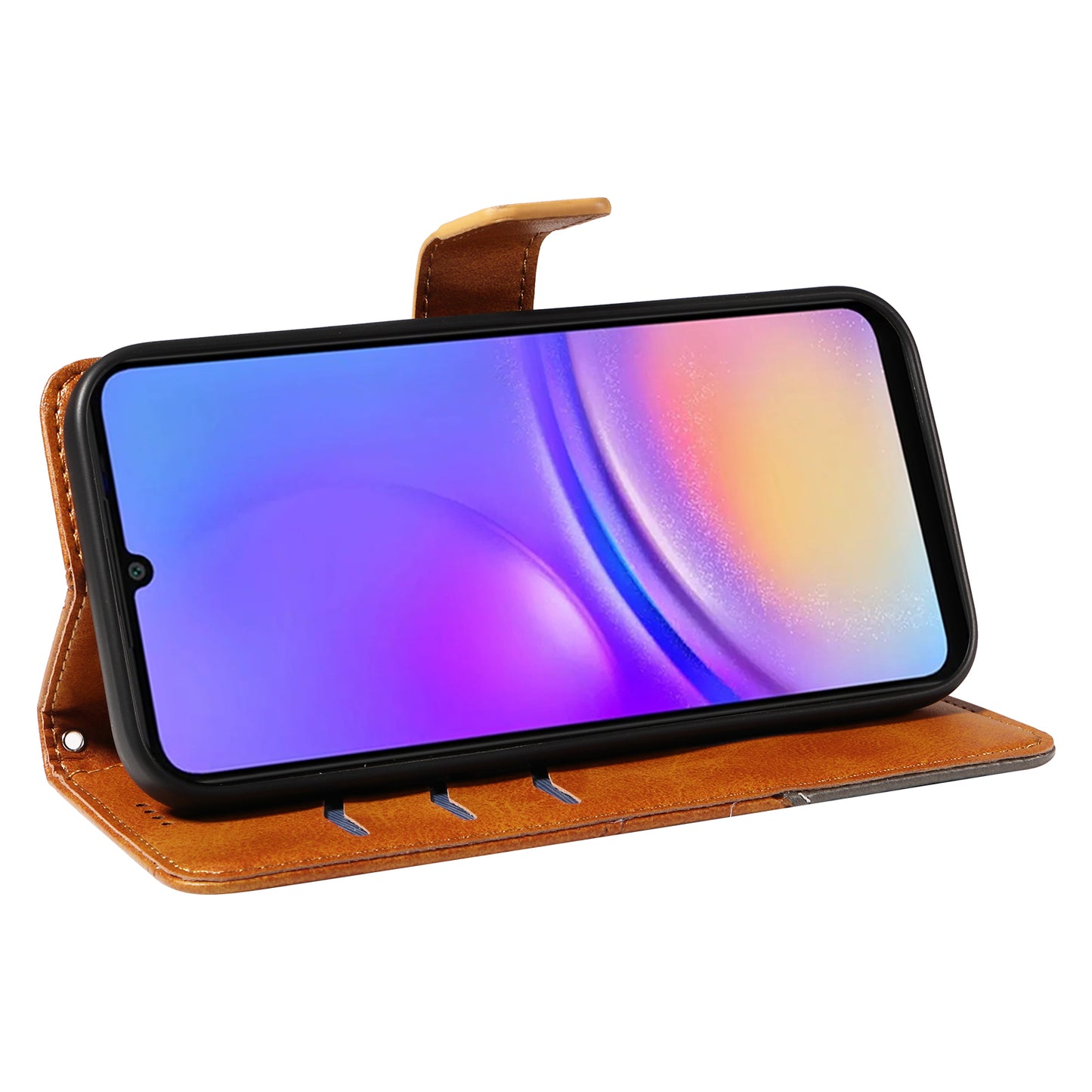 For Samsung Galaxy A06 Case Leather Geometric Line Wallet Phone Cover with Wrist Strap - Brown