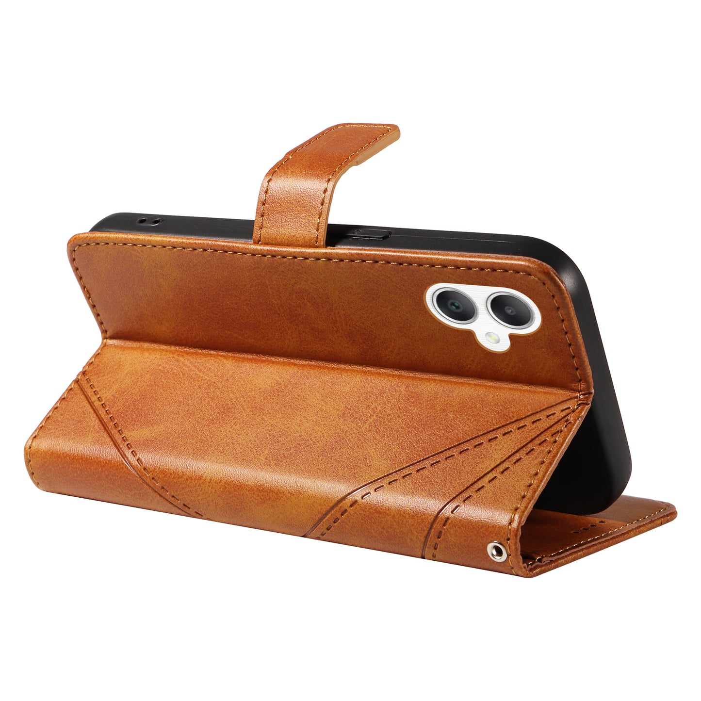 For Samsung Galaxy A06 Case Leather Geometric Line Wallet Phone Cover with Wrist Strap - Brown