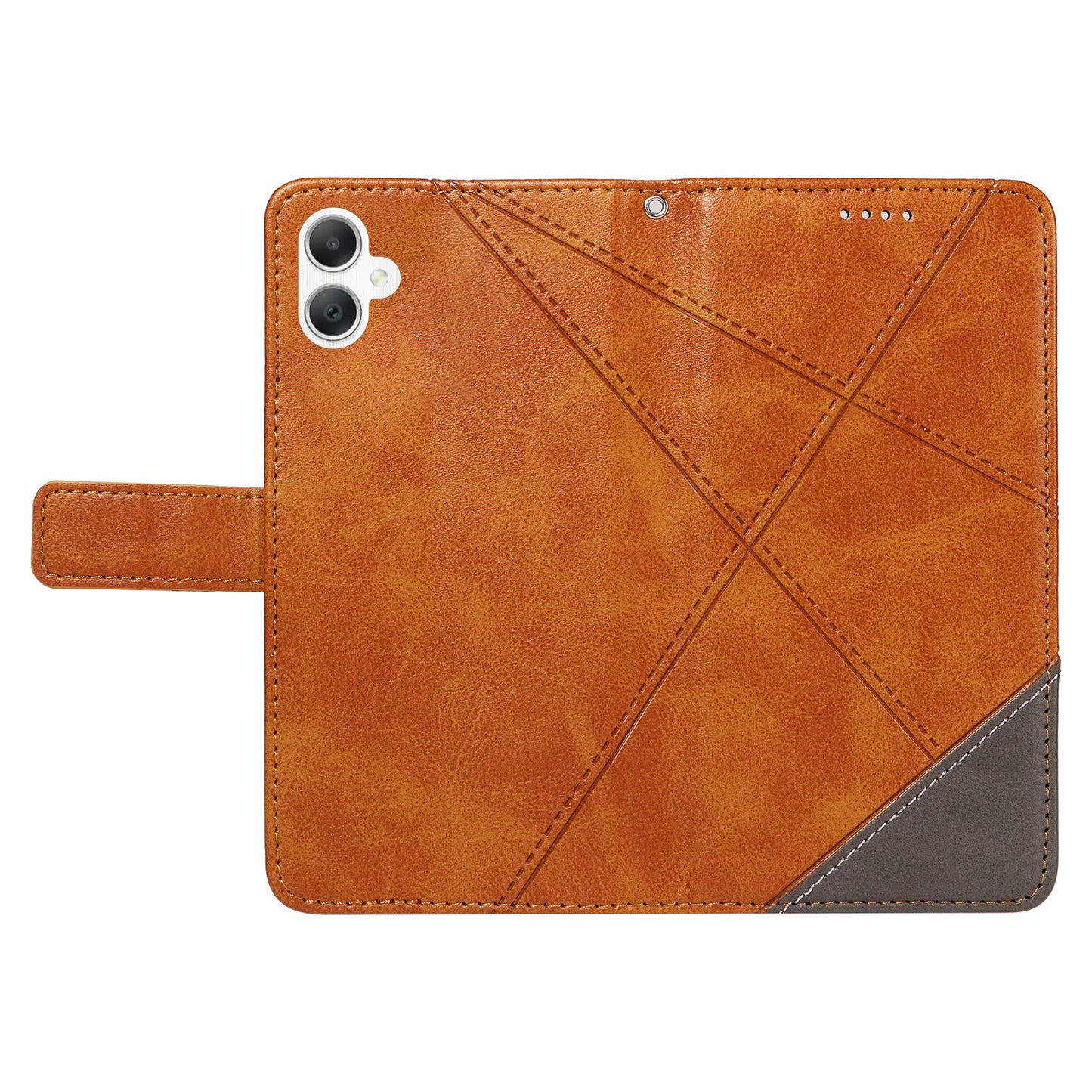 For Samsung Galaxy A06 Case Leather Geometric Line Wallet Phone Cover with Wrist Strap - Brown