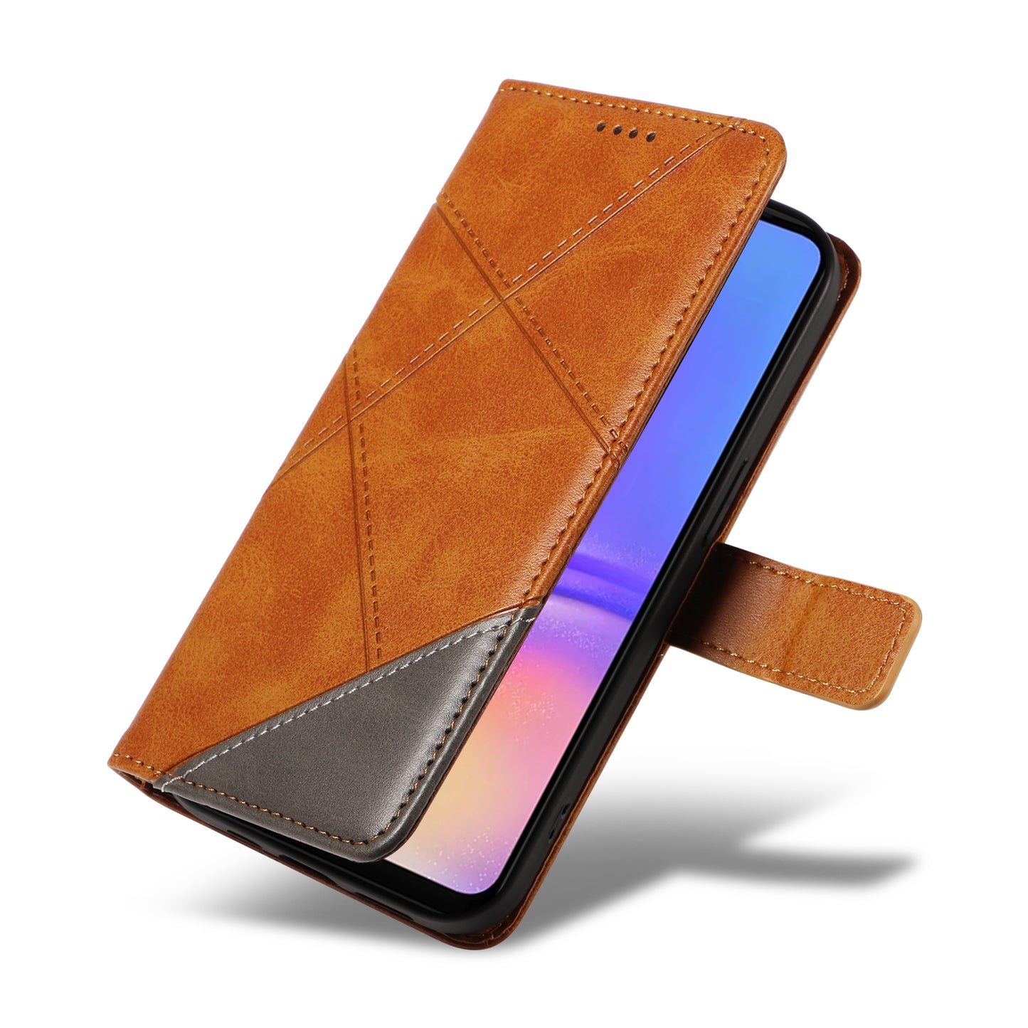 For Samsung Galaxy A06 Case Leather Geometric Line Wallet Phone Cover with Wrist Strap - Brown
