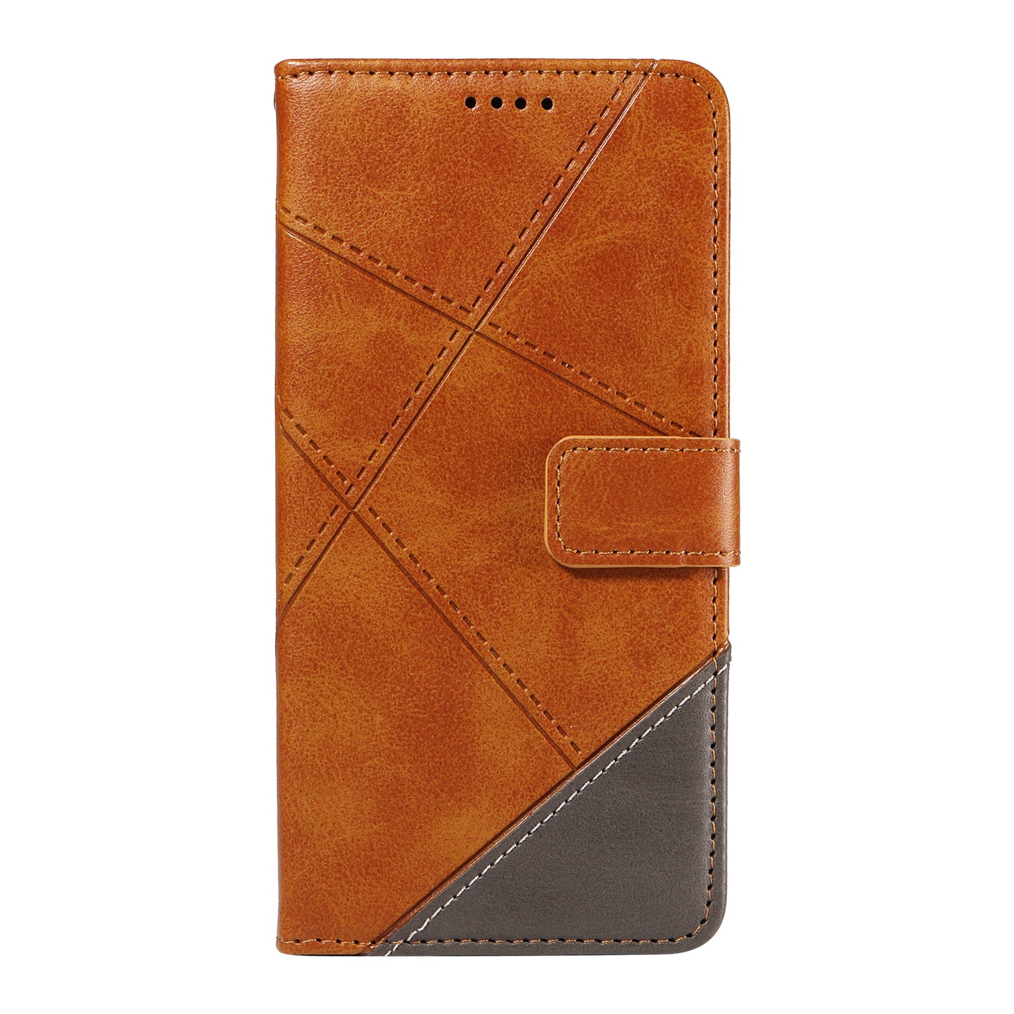 For Samsung Galaxy A06 Case Leather Geometric Line Wallet Phone Cover with Wrist Strap - Brown