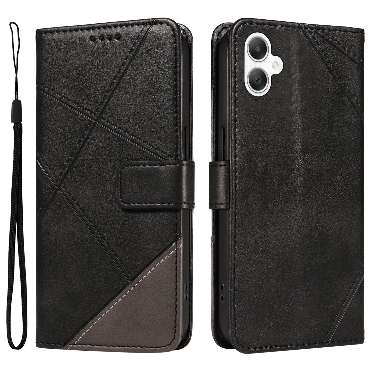 For Samsung Galaxy A06 Case Leather Geometric Line Wallet Phone Cover with Wrist Strap - Black